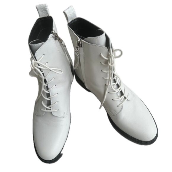 Sam Edelman Women's Nina Bright White Leather Lace Up Side Zip Combat Boots 7 - Picture 2 of 7